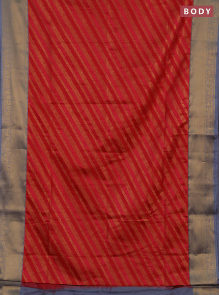 Semi soft silk saree tomato pink and grey with allover zari weaves and zari woven border