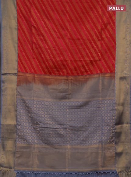 Semi soft silk saree tomato pink and grey with allover zari weaves and zari woven border