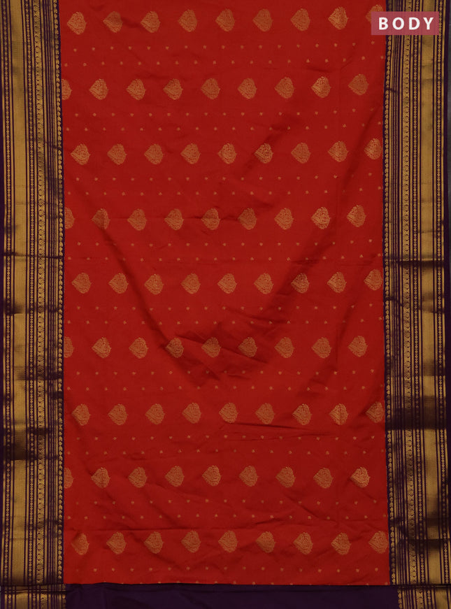 Semi soft silk saree rustic orange and purple with allover zari woven buttas and zari woven border