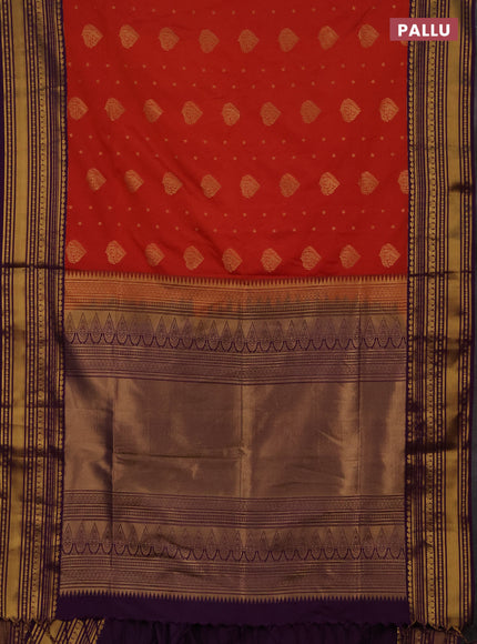 Semi soft silk saree rustic orange and purple with allover zari woven buttas and zari woven border