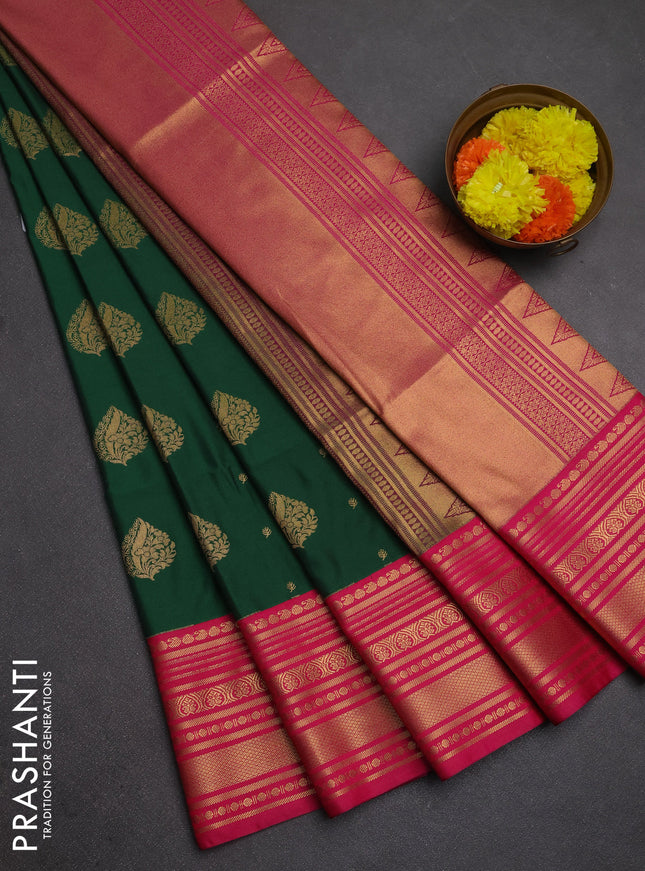 Semi soft silk saree green and pink with allover zari woven buttas and zari woven border