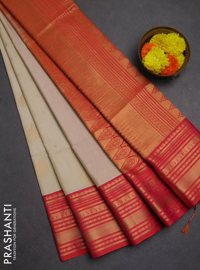 Semi soft silk saree beige and dual shade of red with allover zari woven buttas and zari woven border