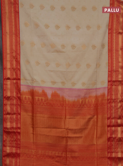 Semi soft silk saree beige and dual shade of red with allover zari woven buttas and zari woven border