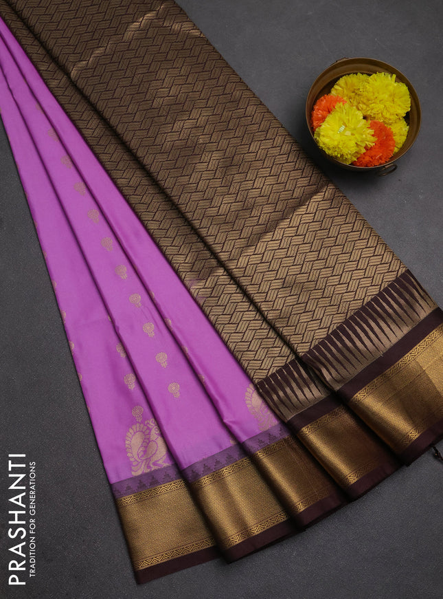 Semi soft silk saree lavender and coffee brown with allover zari woven buttas and rich zari woven border