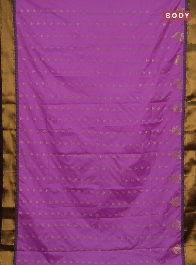 Semi soft silk saree lavender and coffee brown with allover zari woven buttas and rich zari woven border