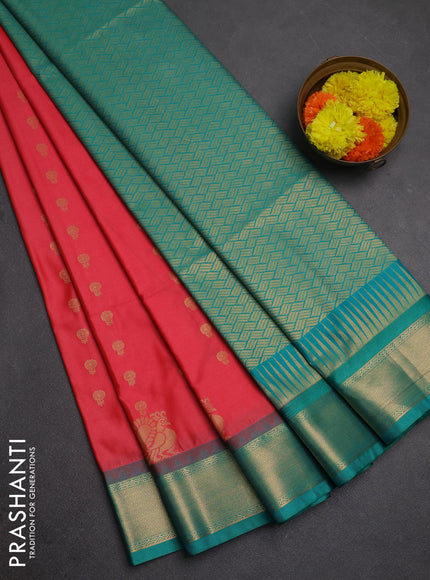 Semi soft silk saree tomato pink and teal green with allover zari woven buttas and rich zari woven border