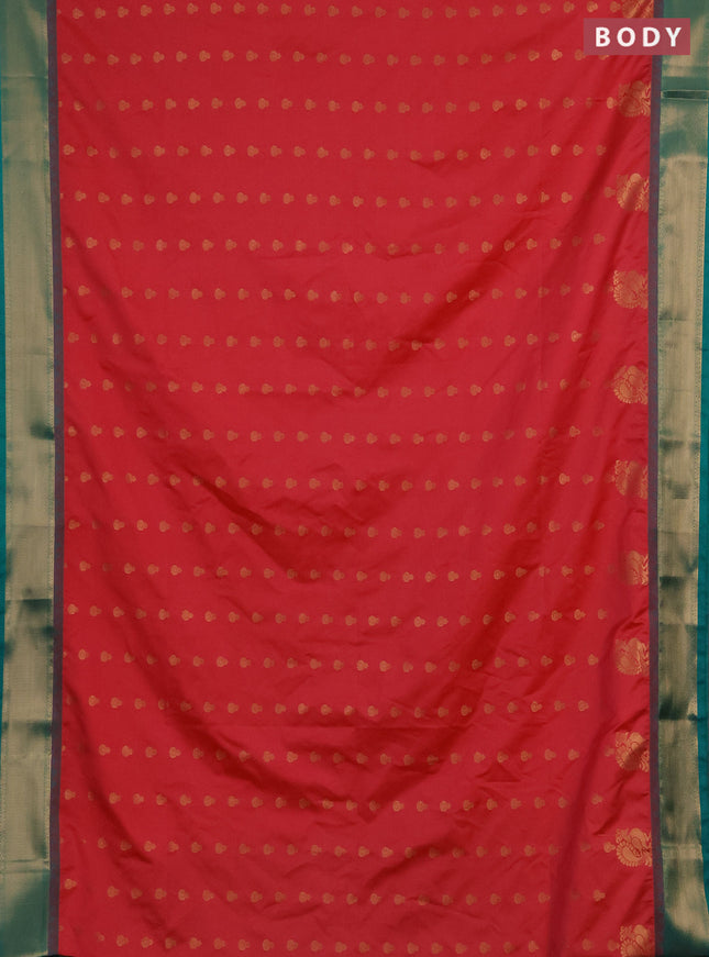 Semi soft silk saree tomato pink and teal green with allover zari woven buttas and rich zari woven border