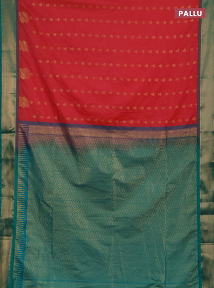Semi soft silk saree tomato pink and teal green with allover zari woven buttas and rich zari woven border