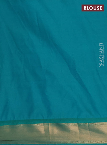 Semi soft silk saree tomato pink and teal green with allover zari woven buttas and rich zari woven border