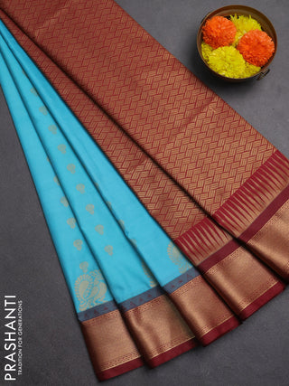 Semi soft silk saree teal blue and maroon with allover zari woven buttas and rich zari woven border