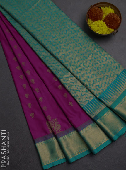 Semi soft silk saree purple and teal green with allover zari woven buttas and rich zari woven border