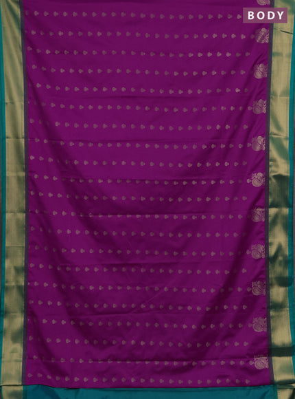 Semi soft silk saree purple and teal green with allover zari woven buttas and rich zari woven border