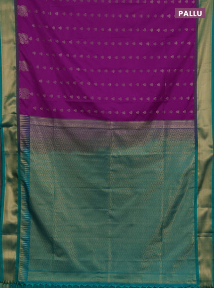 Semi soft silk saree purple and teal green with allover zari woven buttas and rich zari woven border