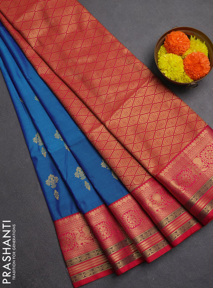 Semi soft silk saree peacock blue and dual shade of reddish pink with allover zari woven buttas and zari woven border