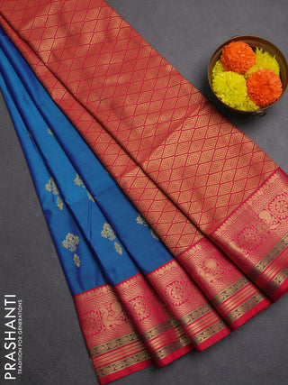 Semi soft silk saree peacock blue and dual shade of reddish pink with allover zari woven buttas and zari woven border