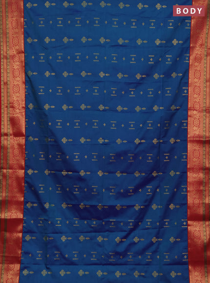 Semi soft silk saree peacock blue and dual shade of reddish pink with allover zari woven buttas and zari woven border