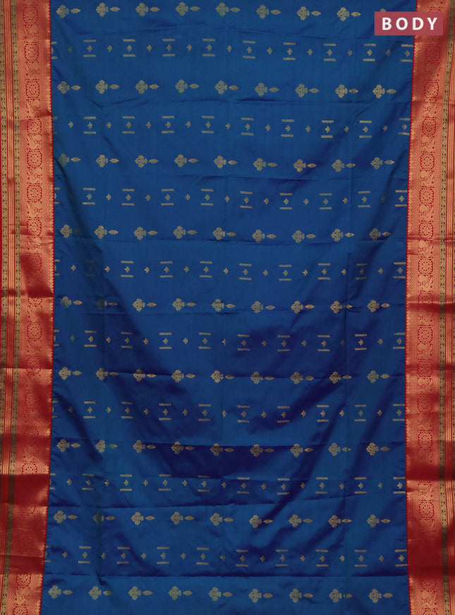 Semi soft silk saree peacock blue and dual shade of reddish pink with allover zari woven buttas and zari woven border