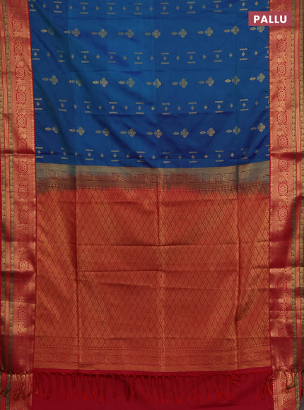 Semi soft silk saree peacock blue and dual shade of reddish pink with allover zari woven buttas and zari woven border