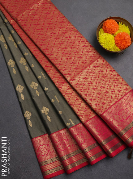 Semi soft silk saree olive green and dual shade of reddish pink with allover zari woven buttas and zari woven border