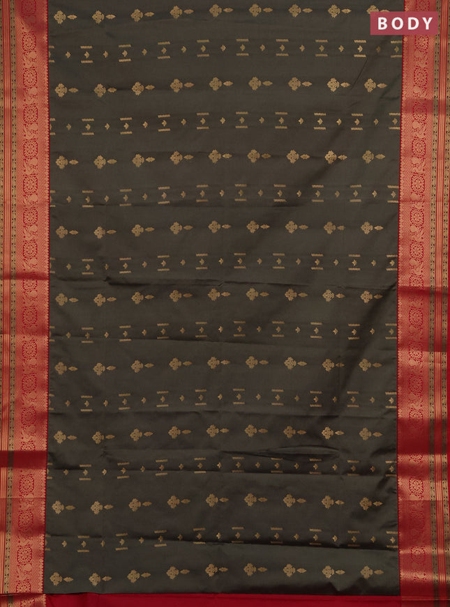 Semi soft silk saree olive green and dual shade of reddish pink with allover zari woven buttas and zari woven border