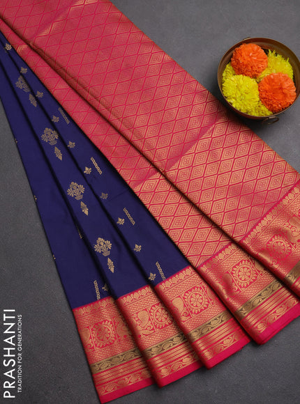 Semi soft silk saree navy blue and dual shade of reddish pink with allover zari woven buttas and zari woven border