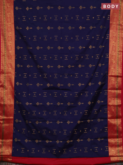 Semi soft silk saree navy blue and dual shade of reddish pink with allover zari woven buttas and zari woven border