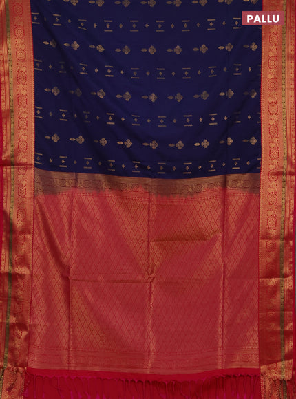 Semi soft silk saree navy blue and dual shade of reddish pink with allover zari woven buttas and zari woven border