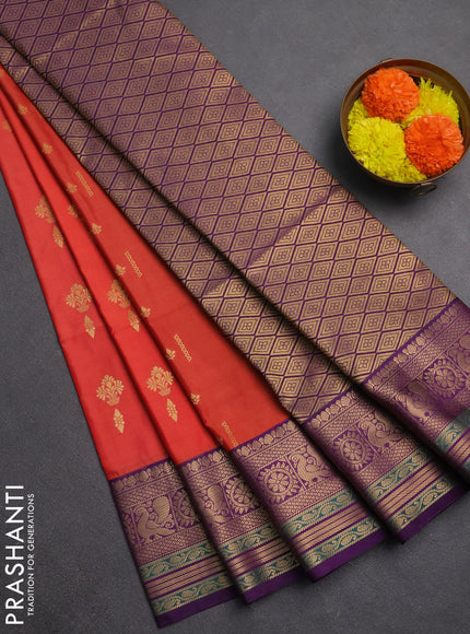 Semi soft silk saree peach orange and purple with allover zari woven buttas and zari woven border