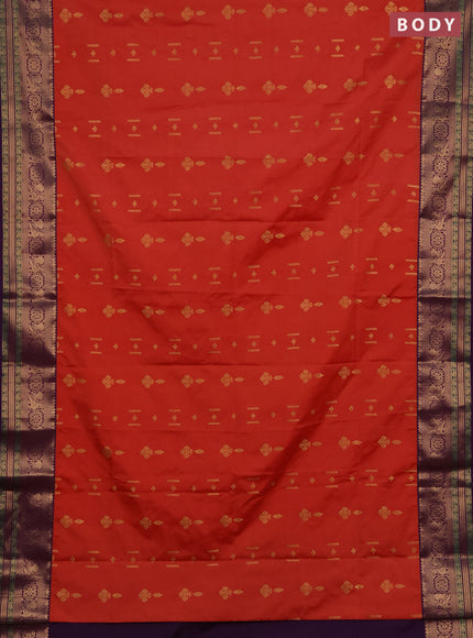 Semi soft silk saree peach orange and purple with allover zari woven buttas and zari woven border