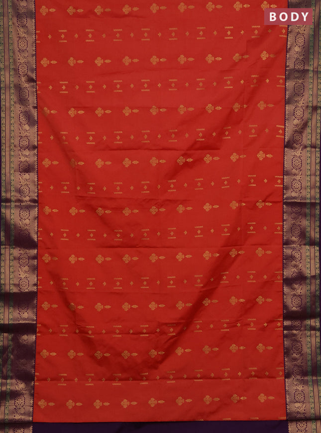 Semi soft silk saree peach orange and purple with allover zari woven buttas and zari woven border