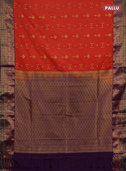Semi soft silk saree peach orange and purple with allover zari woven buttas and zari woven border