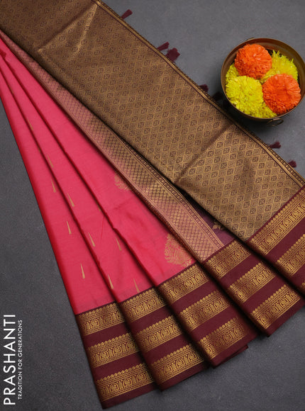 Semi soft silk saree tomato pink shade and maroon with allover zari woven buttas and zari woven border