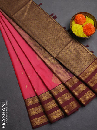Semi soft silk saree tomato pink shade and maroon with allover zari woven buttas and zari woven border