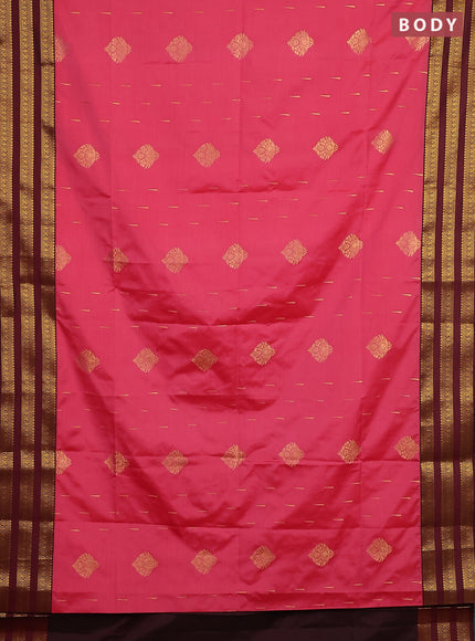 Semi soft silk saree tomato pink shade and maroon with allover zari woven buttas and zari woven border