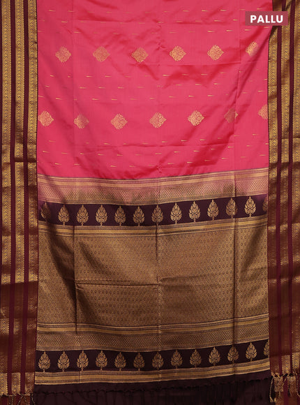 Semi soft silk saree tomato pink shade and maroon with allover zari woven buttas and zari woven border