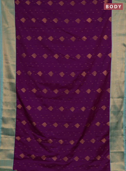 Semi soft silk saree purple and teal shade with allover zari woven buttas and zari woven border