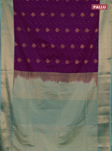 Semi soft silk saree purple and teal shade with allover zari woven buttas and zari woven border