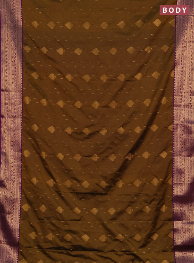Semi soft silk saree dark mustard and purple with allover zari woven buttas and zari woven border