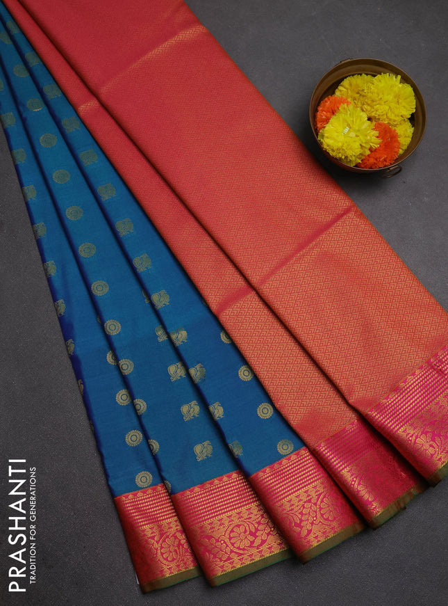 Semi soft silk saree teal blue and pink with allover zari woven buttas and zari woven border