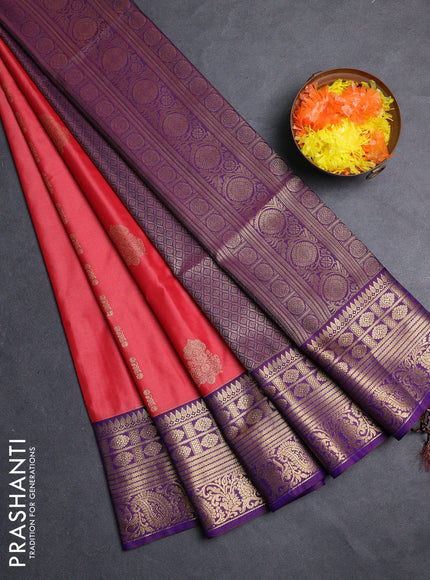 Semi soft silk saree peach shade and purple with allover zari weaves & buttas and zari woven border