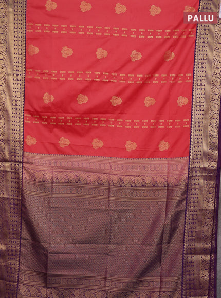 Semi soft silk saree peach shade and purple with allover zari weaves & buttas and zari woven border