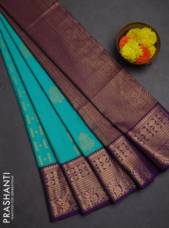 Semi soft silk saree teal green and purple with allover zari weaves & buttas and zari woven border