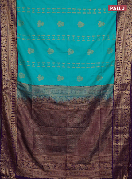 Semi soft silk saree teal green and purple with allover zari weaves & buttas and zari woven border