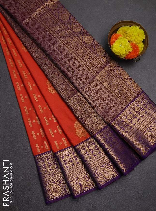 Semi soft silk saree orange and purple with allover zari weaves & buttas and zari woven border