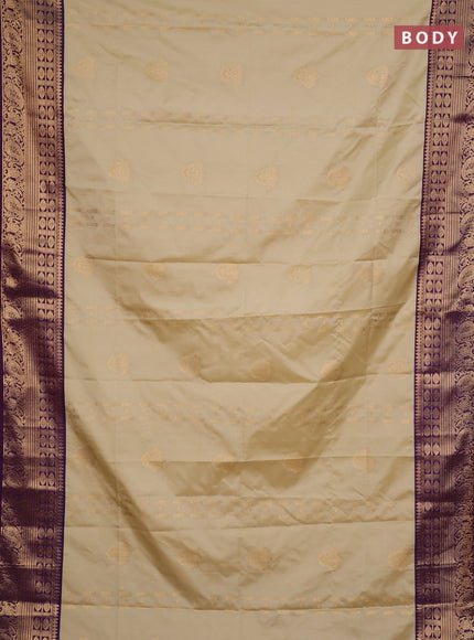 Semi soft silk saree beige and purple with allover zari weaves & buttas and zari woven border