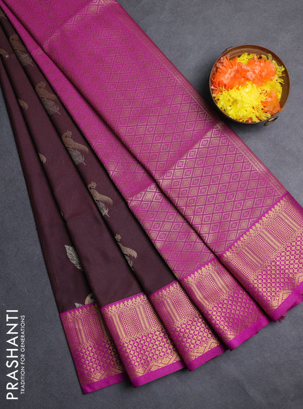 Semi soft silk saree coffee brown and magenta pink with allover zari woven buttas and zari woven border