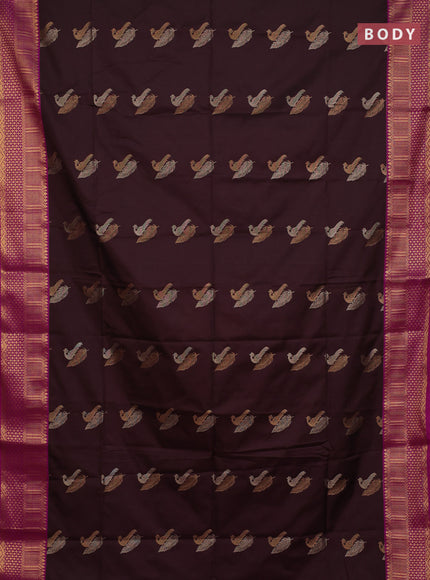 Semi soft silk saree coffee brown and magenta pink with allover zari woven buttas and zari woven border