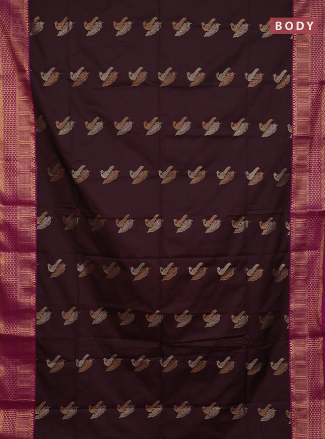 Semi soft silk saree coffee brown and magenta pink with allover zari woven buttas and zari woven border