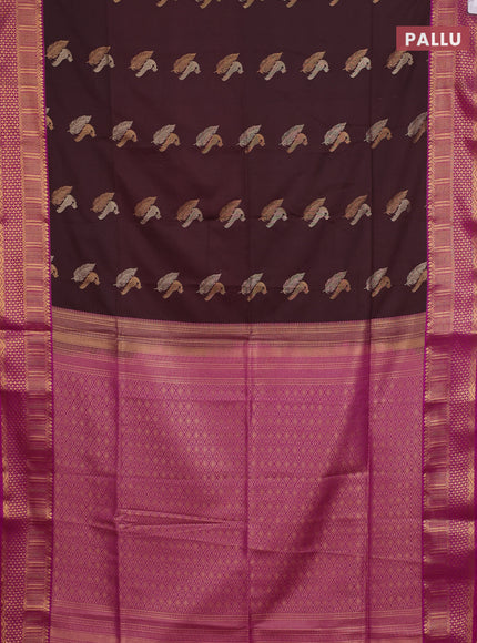 Semi soft silk saree coffee brown and magenta pink with allover zari woven buttas and zari woven border