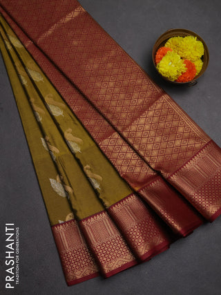 Semi soft silk saree mustard green and maroon with allover zari woven buttas and zari woven border